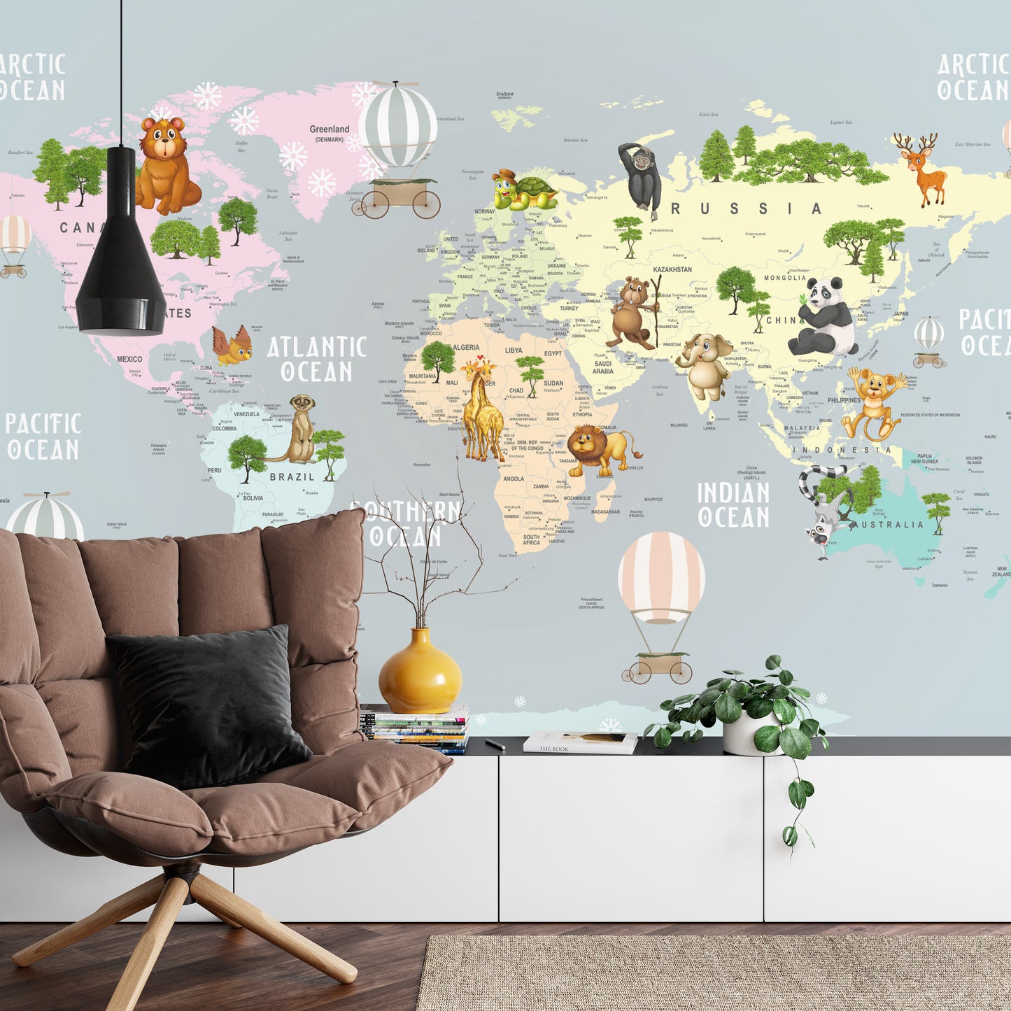 Photomural Animals World Map For Kids Wallpaper Design