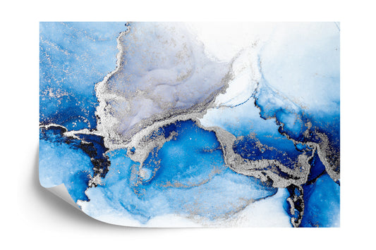Photomural Blue Silver Abstract Background Of Marble Liquid Ink Art Painting On Paper . Image Of Original Artwork Watercolor Alcohol Ink Paint On High Quality Paper Texture .