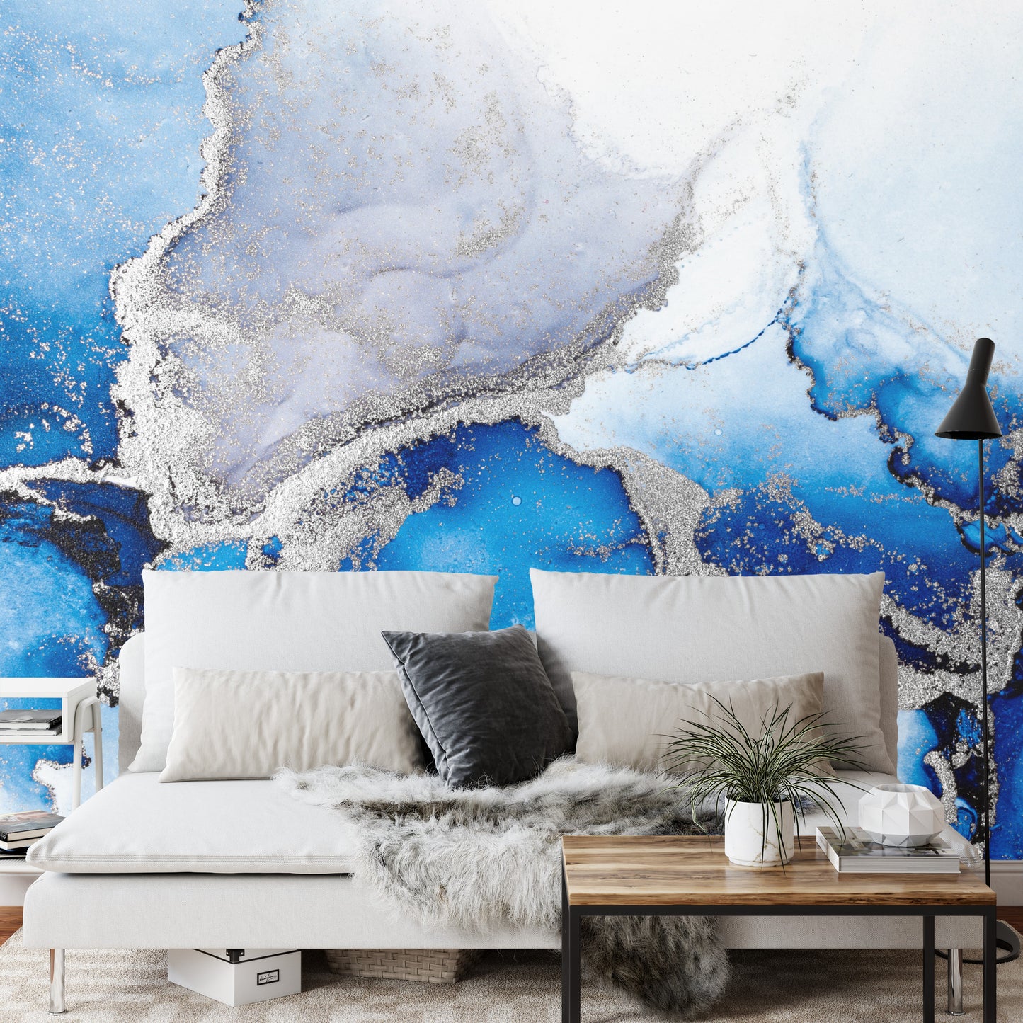 Photomural Blue Silver Abstract Background Of Marble Liquid Ink Art Painting On Paper . Image Of Original Artwork Watercolor Alcohol Ink Paint On High Quality Paper Texture .