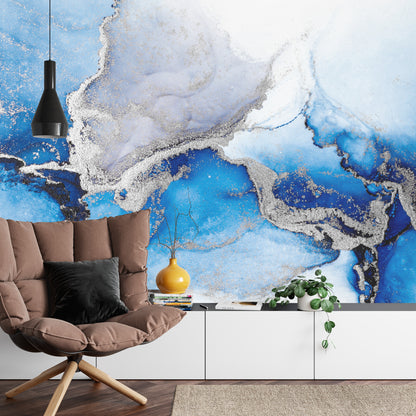 Photomural Blue Silver Abstract Background Of Marble Liquid Ink Art Painting On Paper . Image Of Original Artwork Watercolor Alcohol Ink Paint On High Quality Paper Texture .