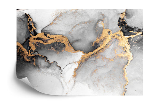 Photomural Black Gold Abstract Background Of Marble Liquid Ink Art Painting On Paper . Image Of Original Artwork Watercolor Alcohol Ink Paint On High Quality Paper Texture .