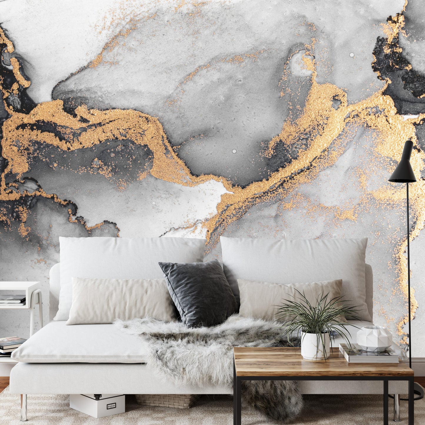 Photomural Black Gold Abstract Background Of Marble Liquid Ink Art Painting On Paper . Image Of Original Artwork Watercolor Alcohol Ink Paint On High Quality Paper Texture .