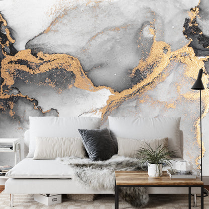 Photomural Black Gold Abstract Background Of Marble Liquid Ink Art Painting On Paper . Image Of Original Artwork Watercolor Alcohol Ink Paint On High Quality Paper Texture .