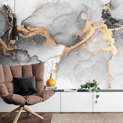 Photomural Black Gold Abstract Background Of Marble Liquid Ink Art Painting On Paper . Image Of Original Artwork Watercolor Alcohol Ink Paint On High Quality Paper Texture .