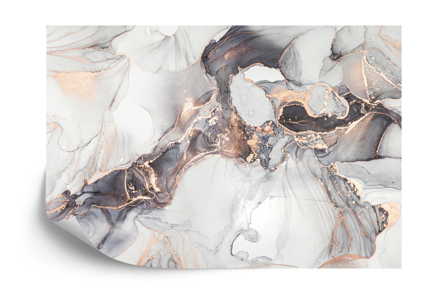 Photomural Luxury Abstract Fluid Art Painting In Alcohol Ink Technique, Mixture Of Black, Gray And Gold Paints. Imitation Of Marble Stone Cut, Glowing Golden Veins. Tender And Dreamy Design.