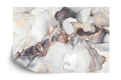 Photomural Luxury Abstract Fluid Art Painting In Alcohol Ink Technique, Mixture Of Black, Gray And Gold Paints. Imitation Of Marble Stone Cut, Glowing Golden Veins. Tender And Dreamy Design.
