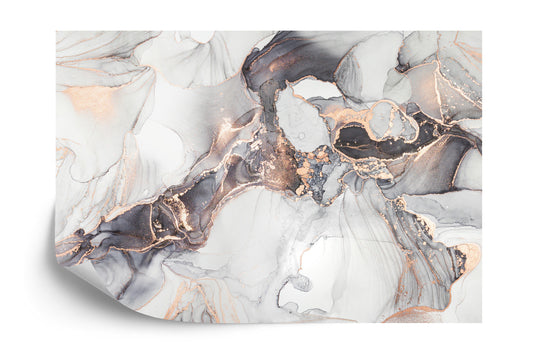 Photomural Luxury Abstract Fluid Art Painting In Alcohol Ink Technique, Mixture Of Black, Gray And Gold Paints. Imitation Of Marble Stone Cut, Glowing Golden Veins. Tender And Dreamy Design.