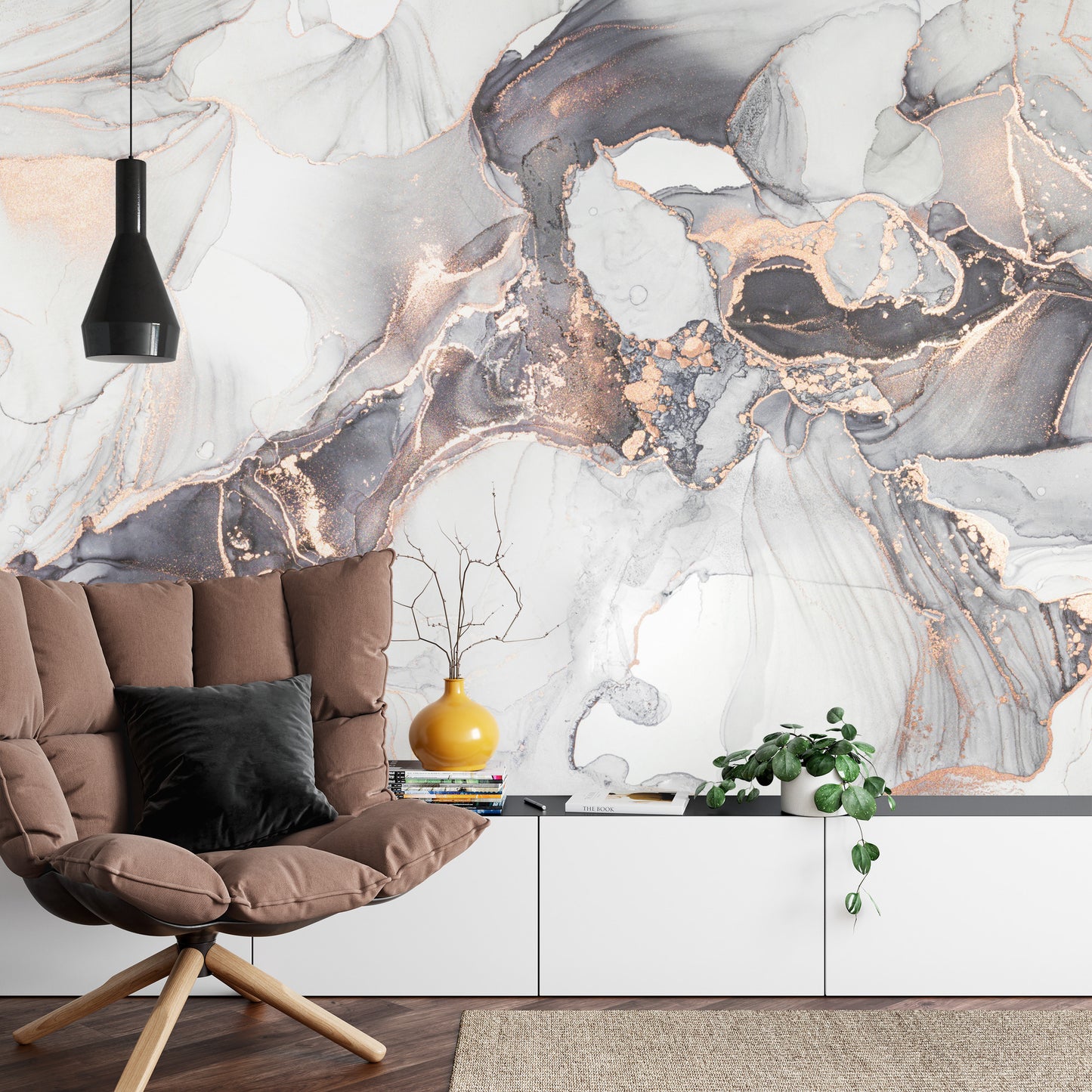 Photomural Luxury Abstract Fluid Art Painting In Alcohol Ink Technique, Mixture Of Black, Gray And Gold Paints. Imitation Of Marble Stone Cut, Glowing Golden Veins. Tender And Dreamy Design.