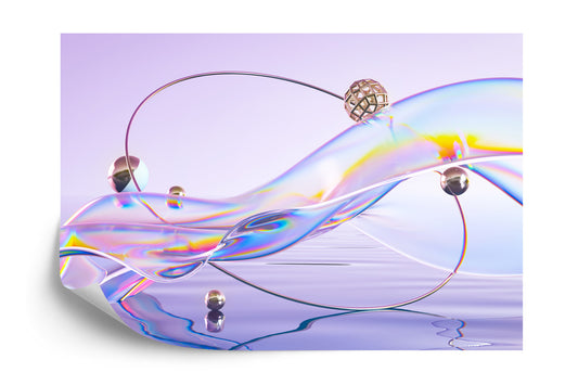 Photomural Abstract 3D Render. Glass Ribbon On Water With Geometric Circle And Spheres. Holographic Shape In Motion. Iridescent Digital Art For Banner Background, Wallpaper. Transparent Glossy Design Element.