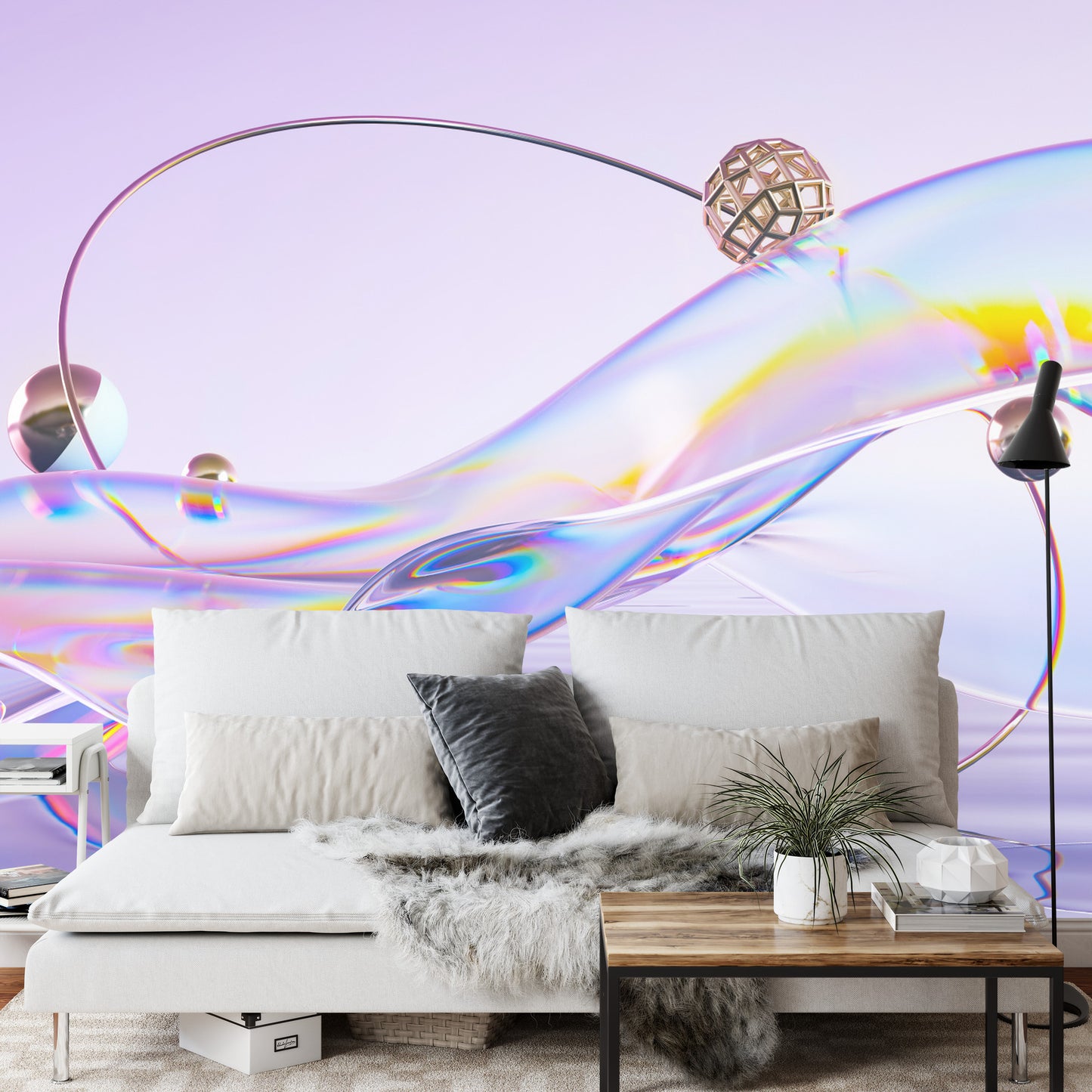 Photomural Abstract 3D Render. Glass Ribbon On Water With Geometric Circle And Spheres. Holographic Shape In Motion. Iridescent Digital Art For Banner Background, Wallpaper. Transparent Glossy Design Element.