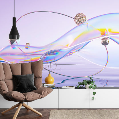 Photomural Abstract 3D Render. Glass Ribbon On Water With Geometric Circle And Spheres. Holographic Shape In Motion. Iridescent Digital Art For Banner Background, Wallpaper. Transparent Glossy Design Element.