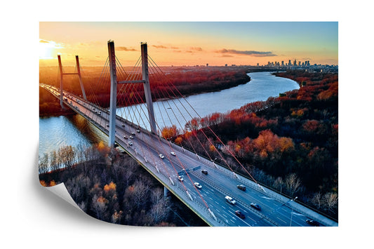Photomural Beautiful Panoramic Aerial Drone View To Cable-Stayed Siekierkowski Bridge Over The Vistula River And Warsaw City Skyscrapers, Poland In Gold Red Autumn Colors In November Evening At Sunset