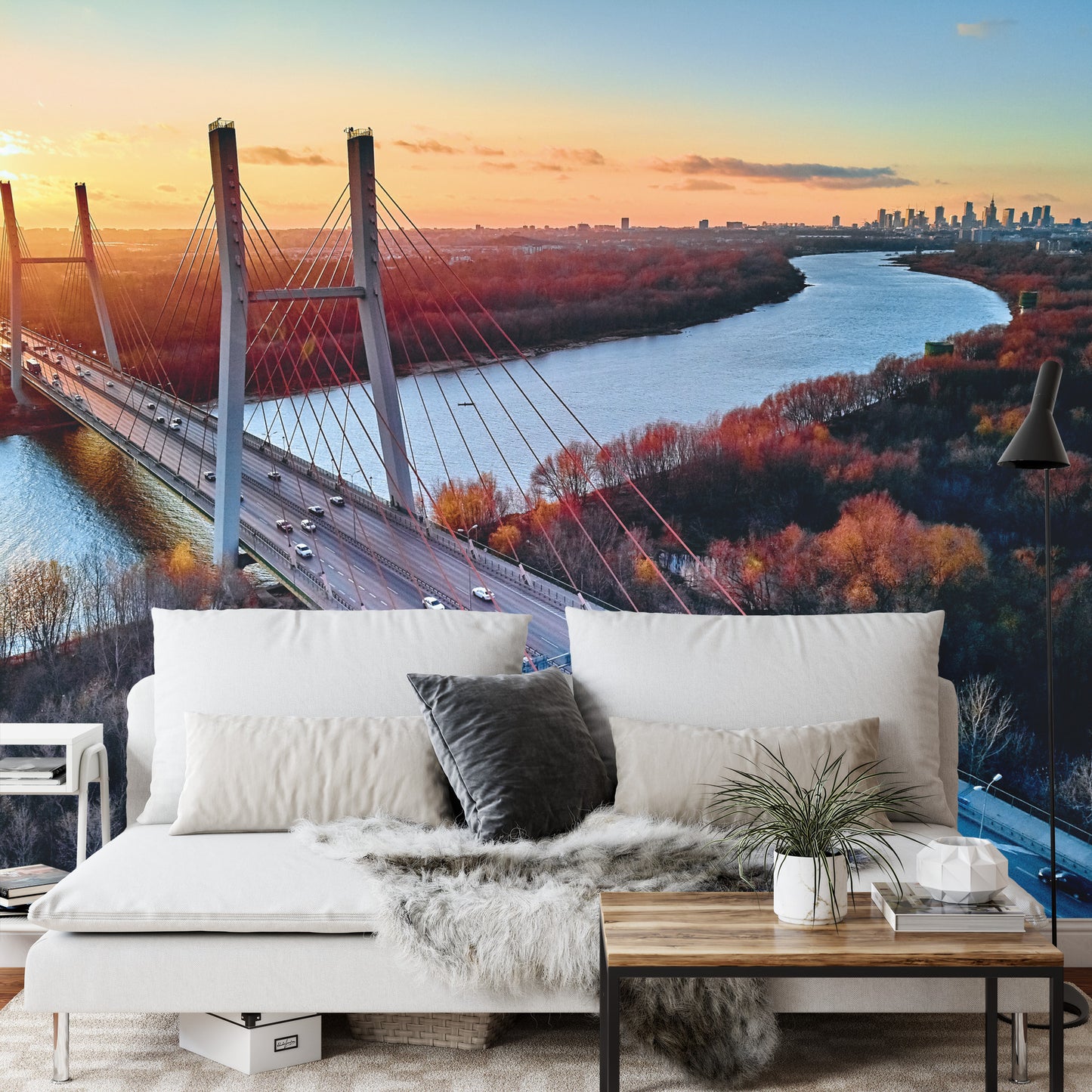 Photomural Beautiful Panoramic Aerial Drone View To Cable-Stayed Siekierkowski Bridge Over The Vistula River And Warsaw City Skyscrapers, Poland In Gold Red Autumn Colors In November Evening At Sunset