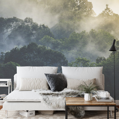 Photomural Landscape Of Asia Tropical Rainforest, Canopy Tree Of Jungle Green Forest Park Outdoor, Nature Environment Mountain View, Concept Of Freedom Relaxation In Holiday For Spa Yoga And Retreat