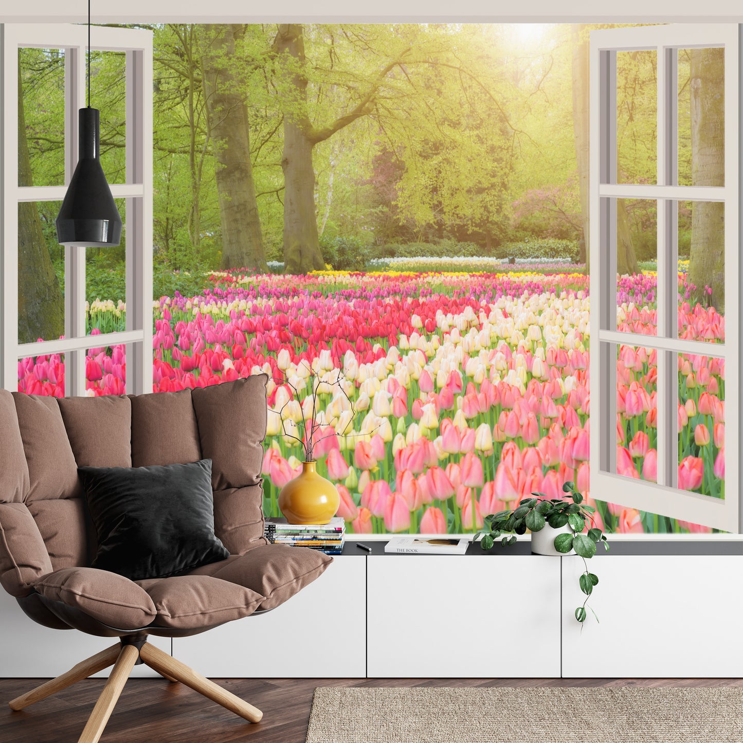 Photomural Window With Beautiful Spring Tulips Flowers Garden In Netherlands.