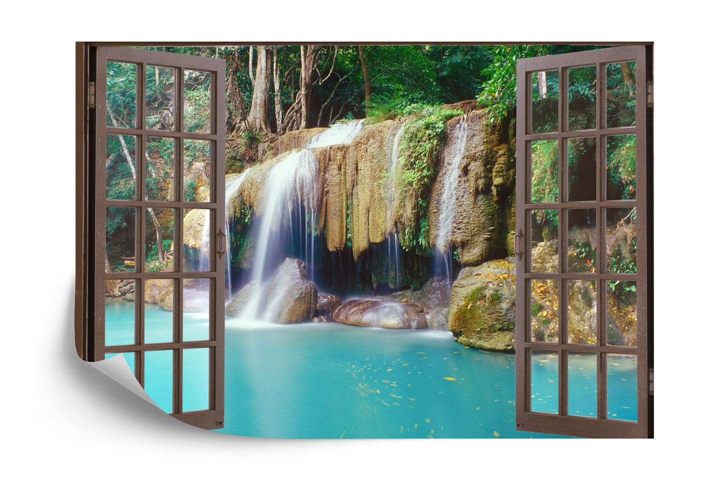 Photomural Open Window View To Deep Jungle Waterfall