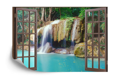Photomural Open Window View To Deep Jungle Waterfall