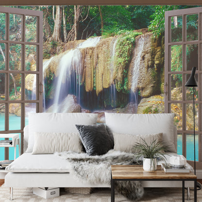 Photomural Open Window View To Deep Jungle Waterfall