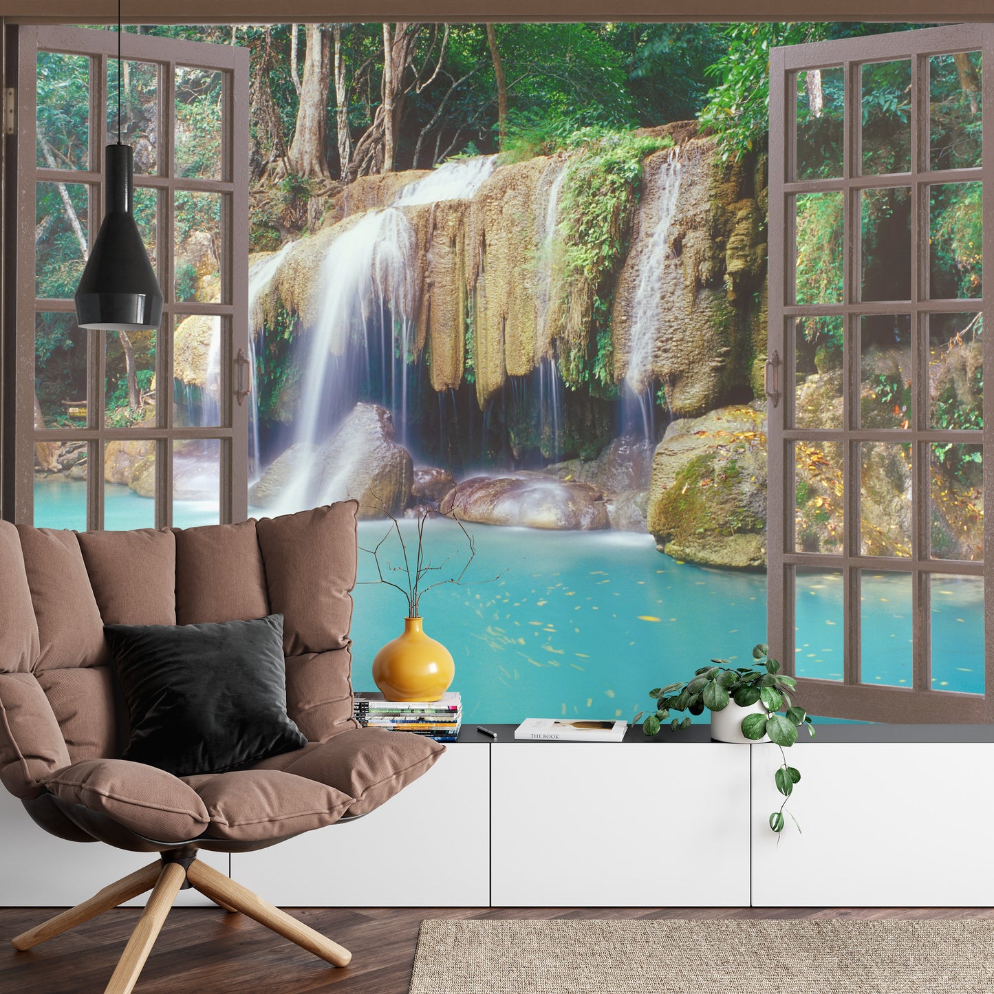 Photomural Open Window View To Deep Jungle Waterfall