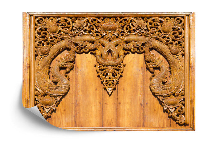Photomural Naga Teak Wood Carving Sculptures In Thai Temple