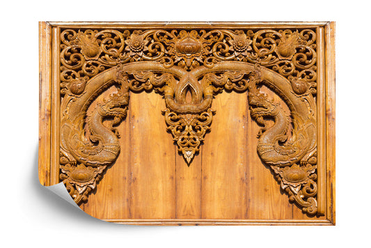 Photomural Naga Teak Wood Carving Sculptures In Thai Temple