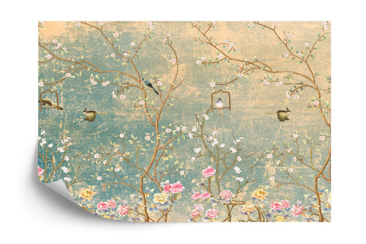 Photomural Vintage Flowers And Birds On Pastel Colored Aged Background