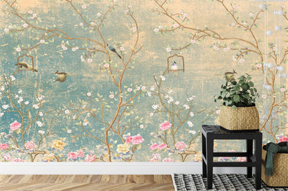 Photomural Vintage Flowers And Birds On Pastel Colored Aged Background