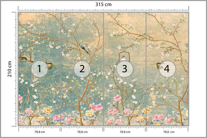 Photomural Vintage Flowers And Birds On Pastel Colored Aged Background