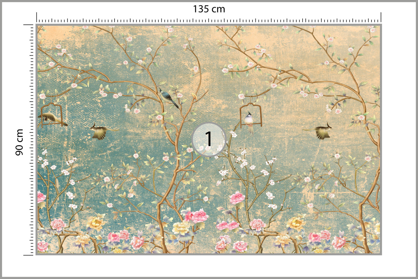 Photomural Vintage Flowers And Birds On Pastel Colored Aged Background