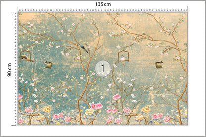 Photomural Vintage Flowers And Birds On Pastel Colored Aged Background