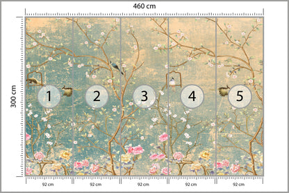 Photomural Vintage Flowers And Birds On Pastel Colored Aged Background