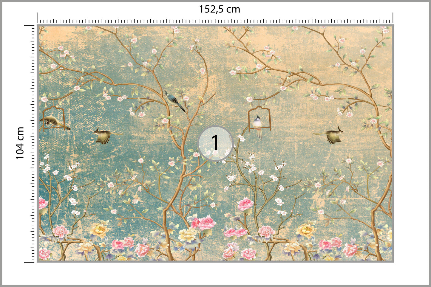 Photomural Vintage Flowers And Birds On Pastel Colored Aged Background