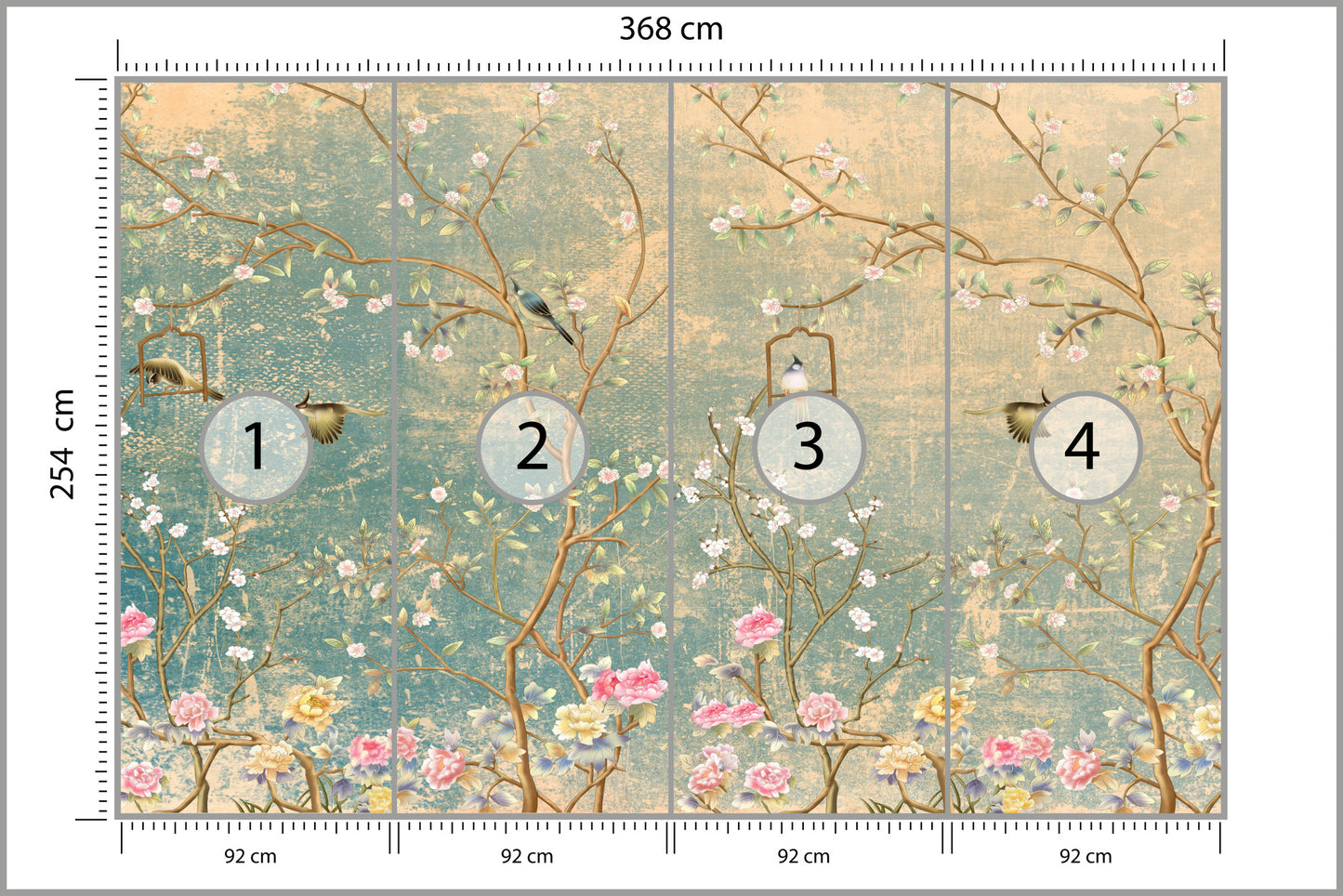 Photomural Vintage Flowers And Birds On Pastel Colored Aged Background