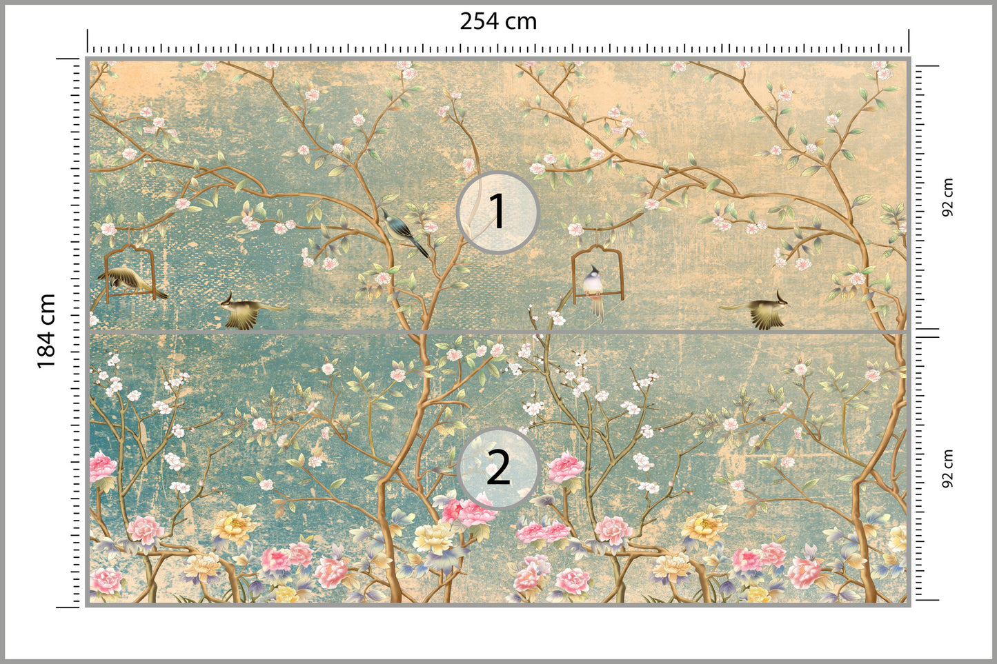 Photomural Vintage Flowers And Birds On Pastel Colored Aged Background