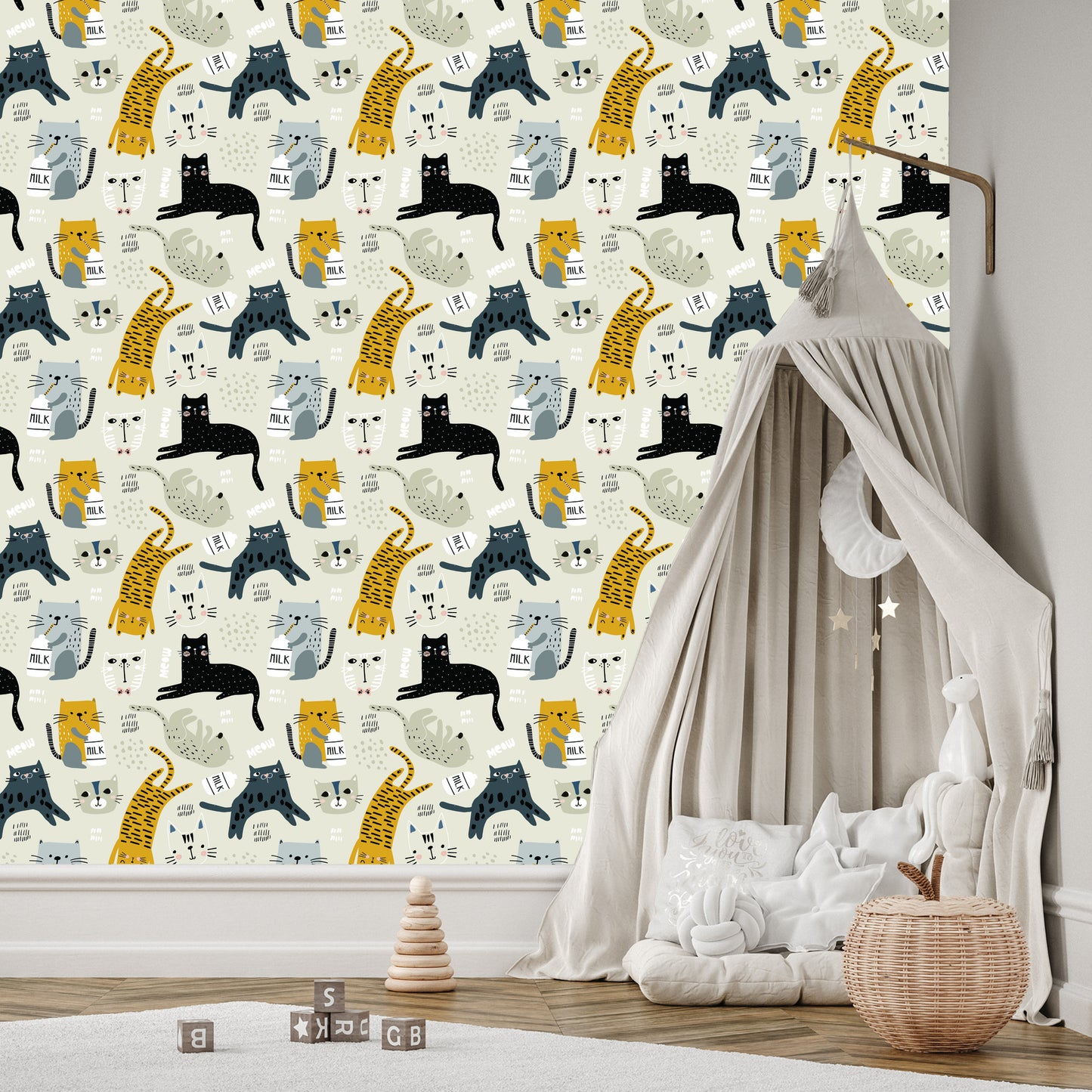 Wallpaper For Children - Lovely Cats - Scandinavian Style