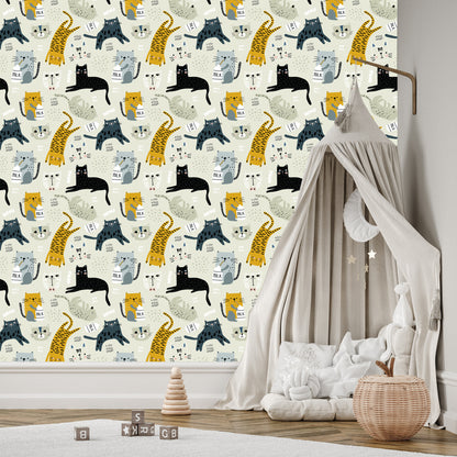 Wallpaper For Children - Lovely Cats - Scandinavian Style
