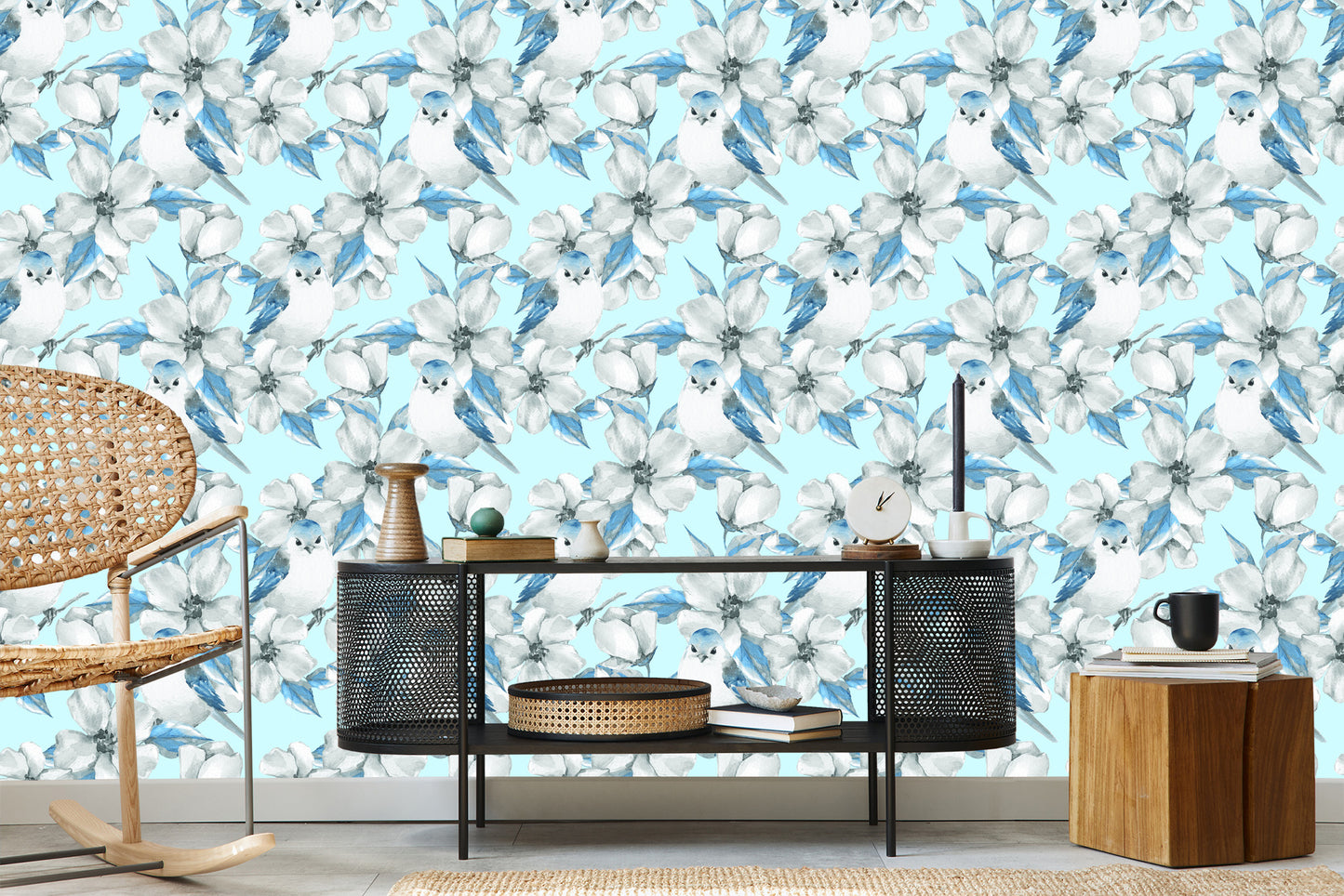 Wallpaper Spring Flowers And Birds Painted With Watercolor