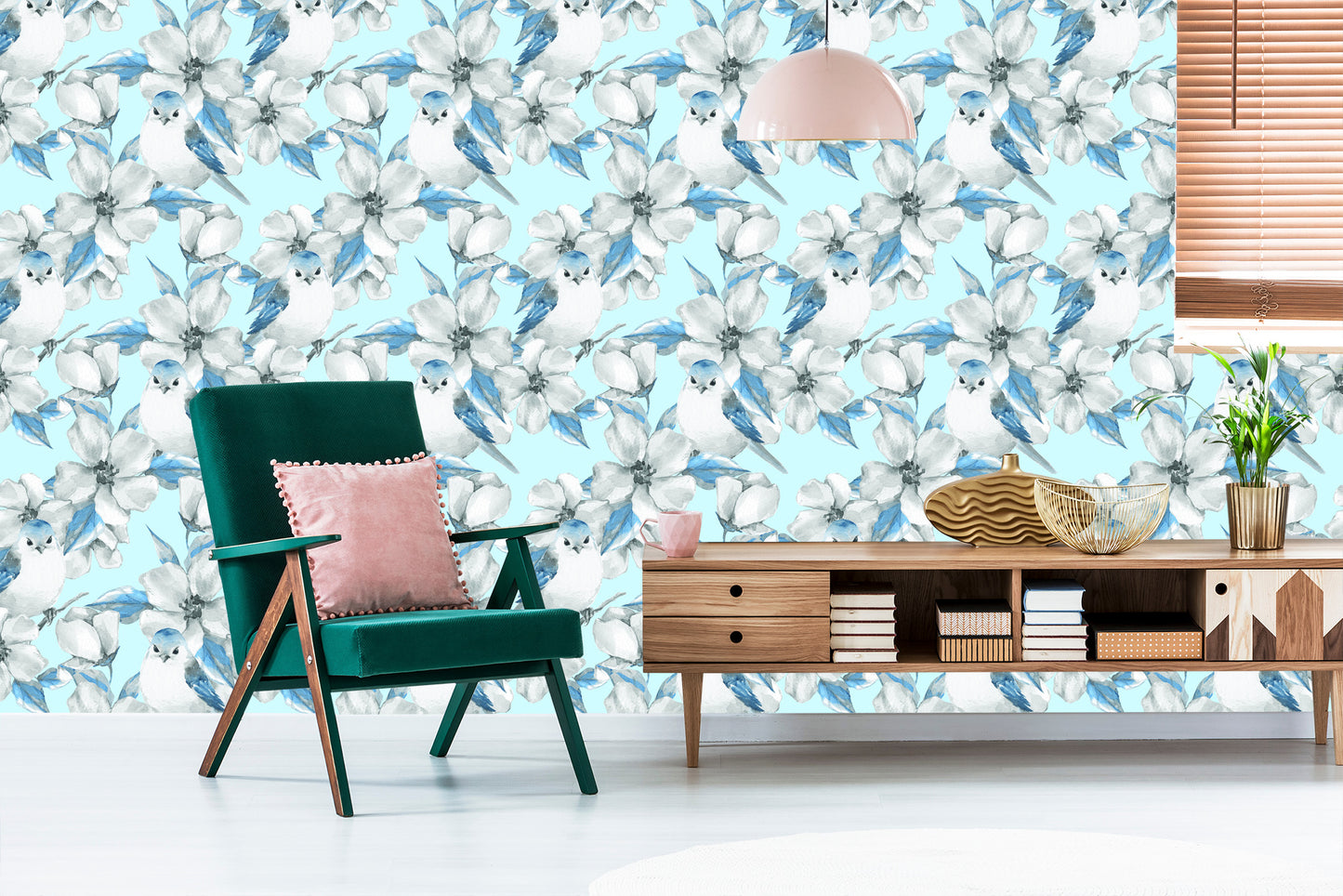 Wallpaper Spring Flowers And Birds Painted With Watercolor