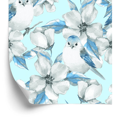 Wallpaper Spring Flowers And Birds Painted With Watercolor