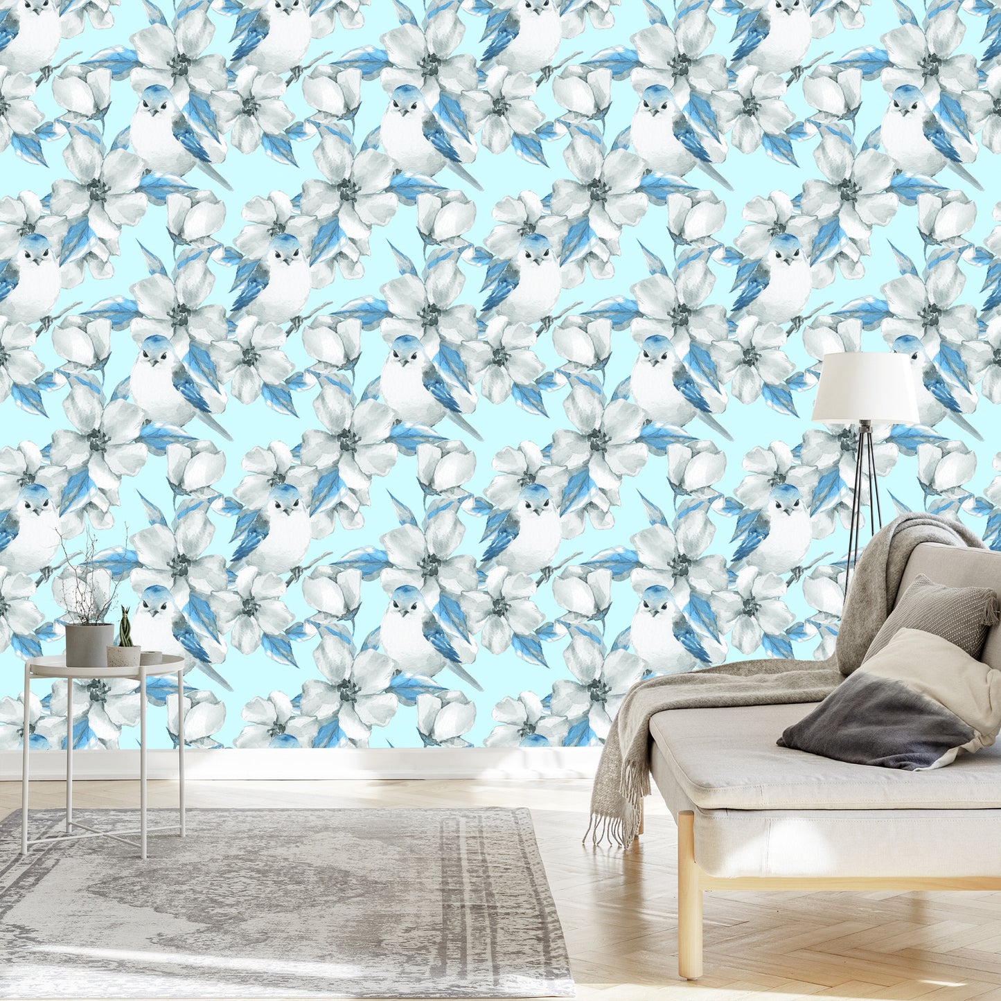 Wallpaper Spring Flowers And Birds Painted With Watercolor