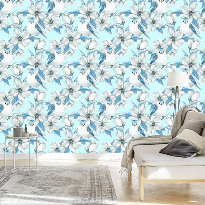 Wallpaper Spring Flowers And Birds Painted With Watercolor