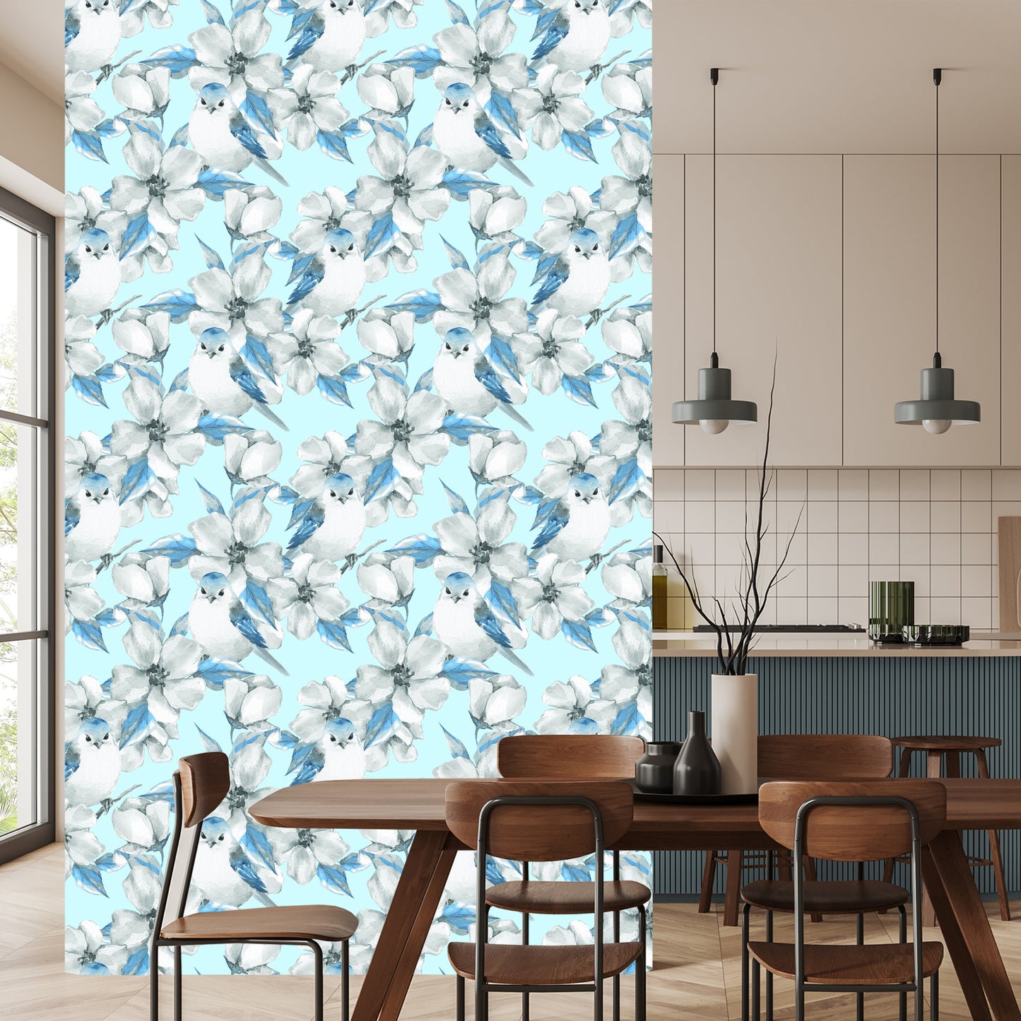 Wallpaper Spring Flowers And Birds Painted With Watercolor
