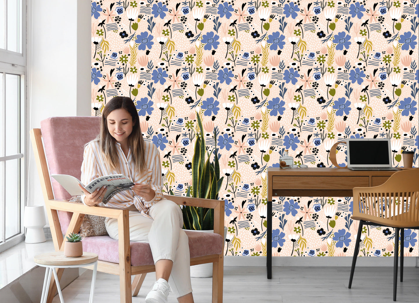 Wallpaper Leaves And Flowers - Scandinavian Style