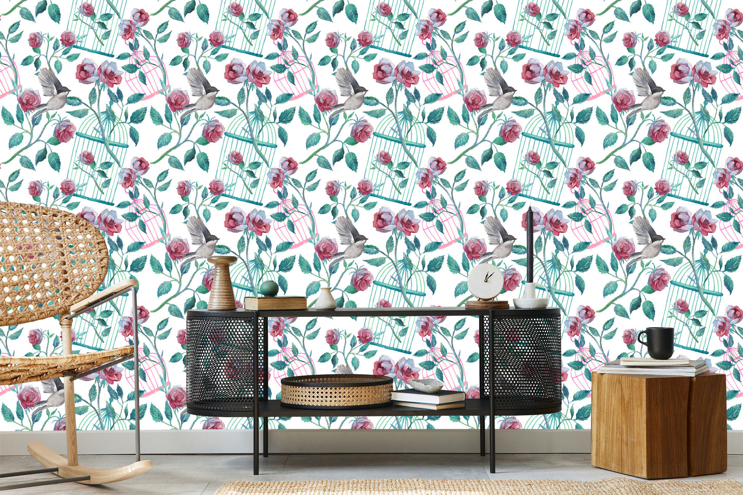 Wallpaper Birds Cage Roses