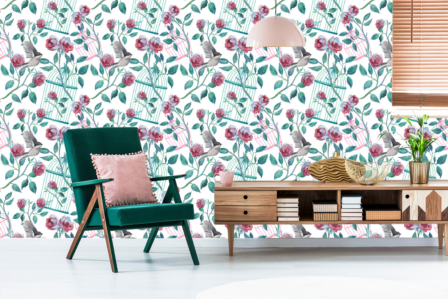 Wallpaper Birds Cage Roses