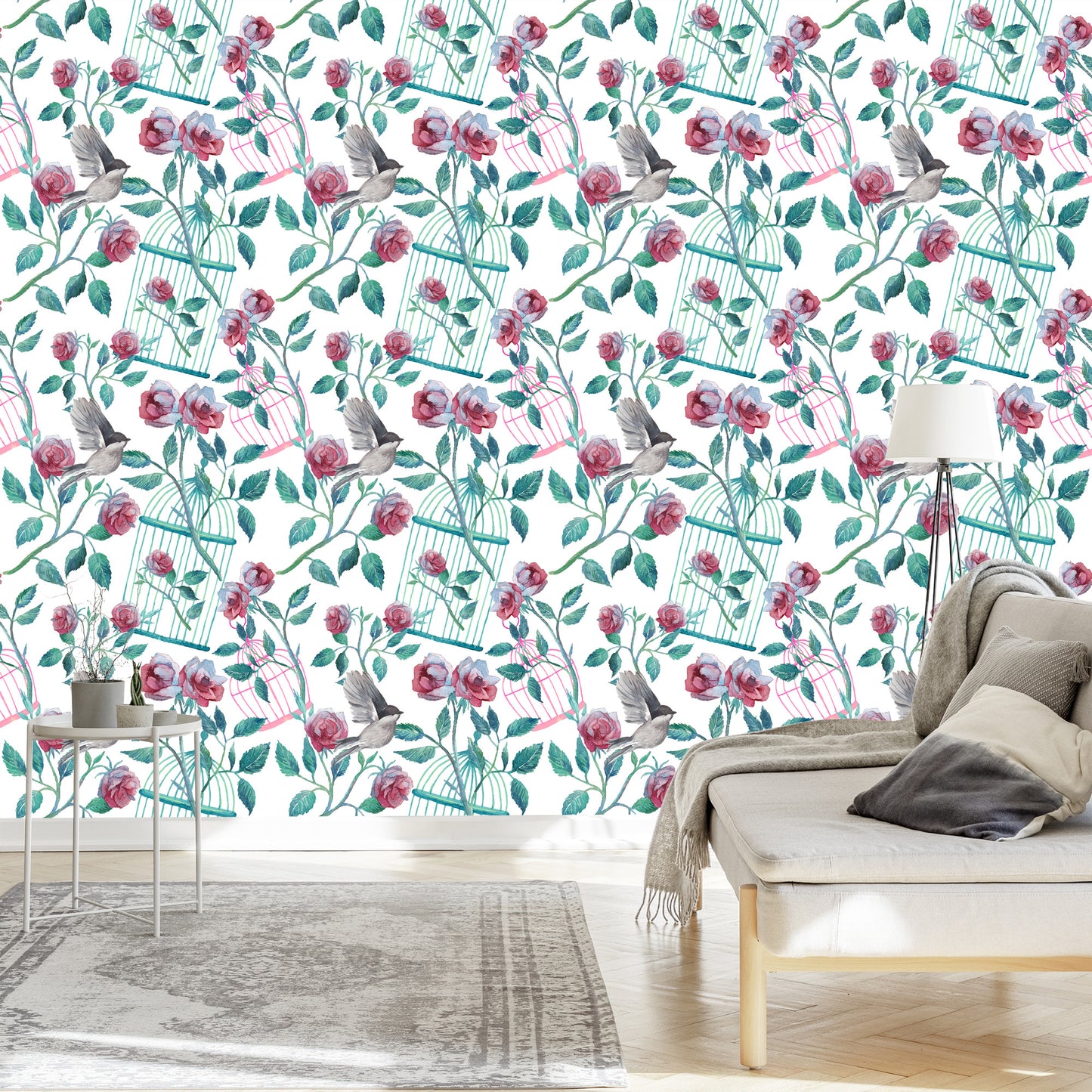 Wallpaper Birds Cage Roses