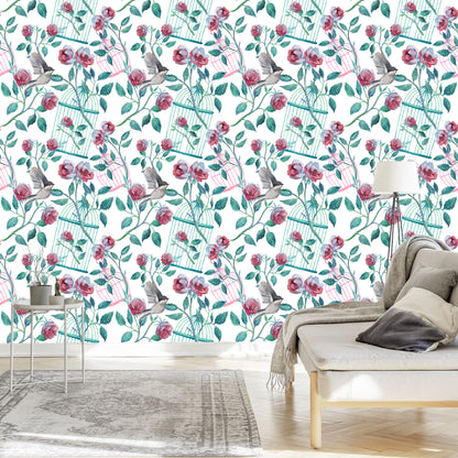 Wallpaper Birds Cage Roses