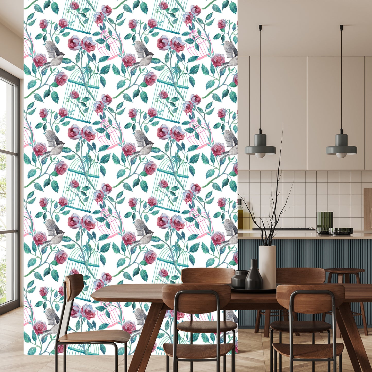 Wallpaper Birds Cage Roses