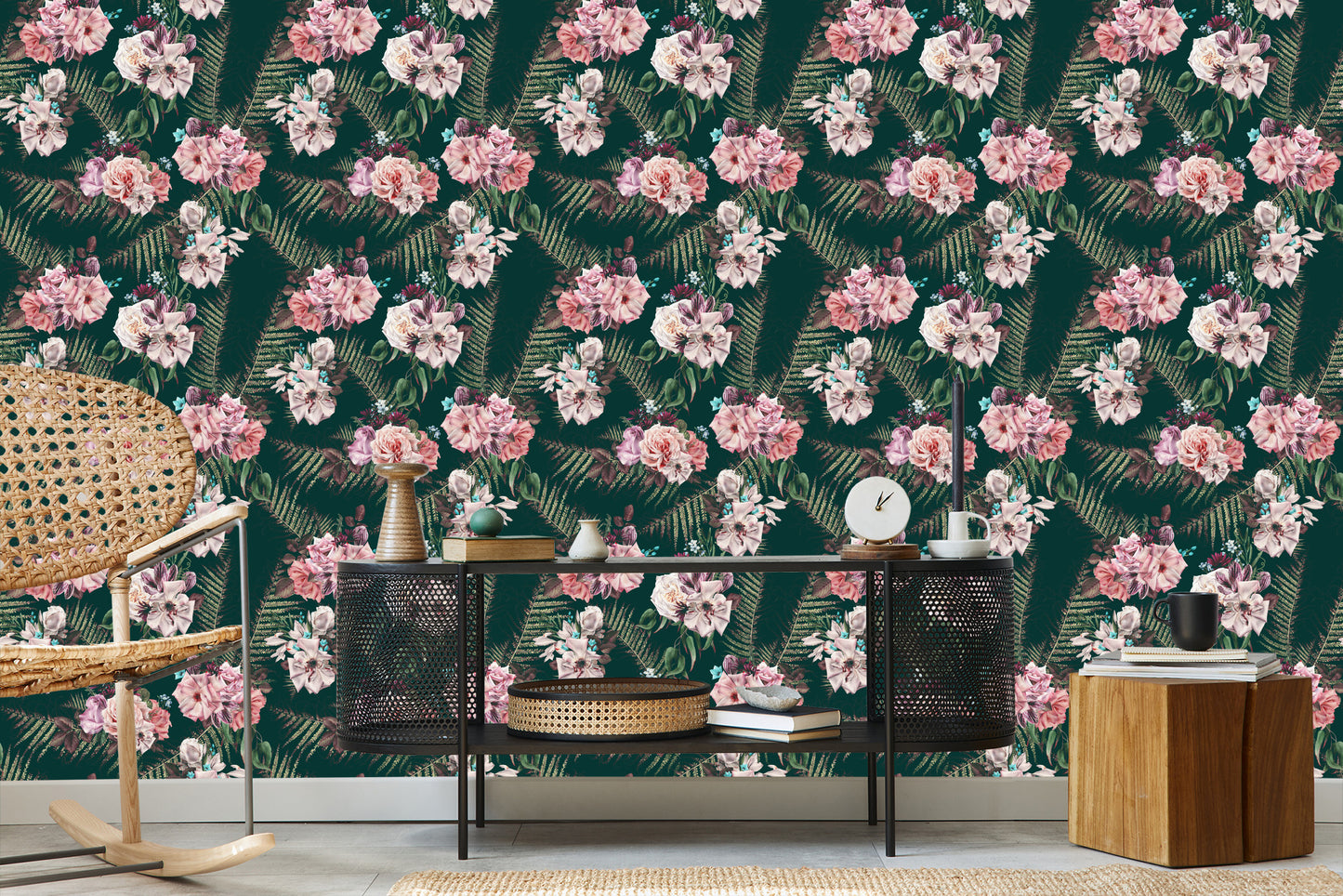 Wallpaper Fern Leaves Roses