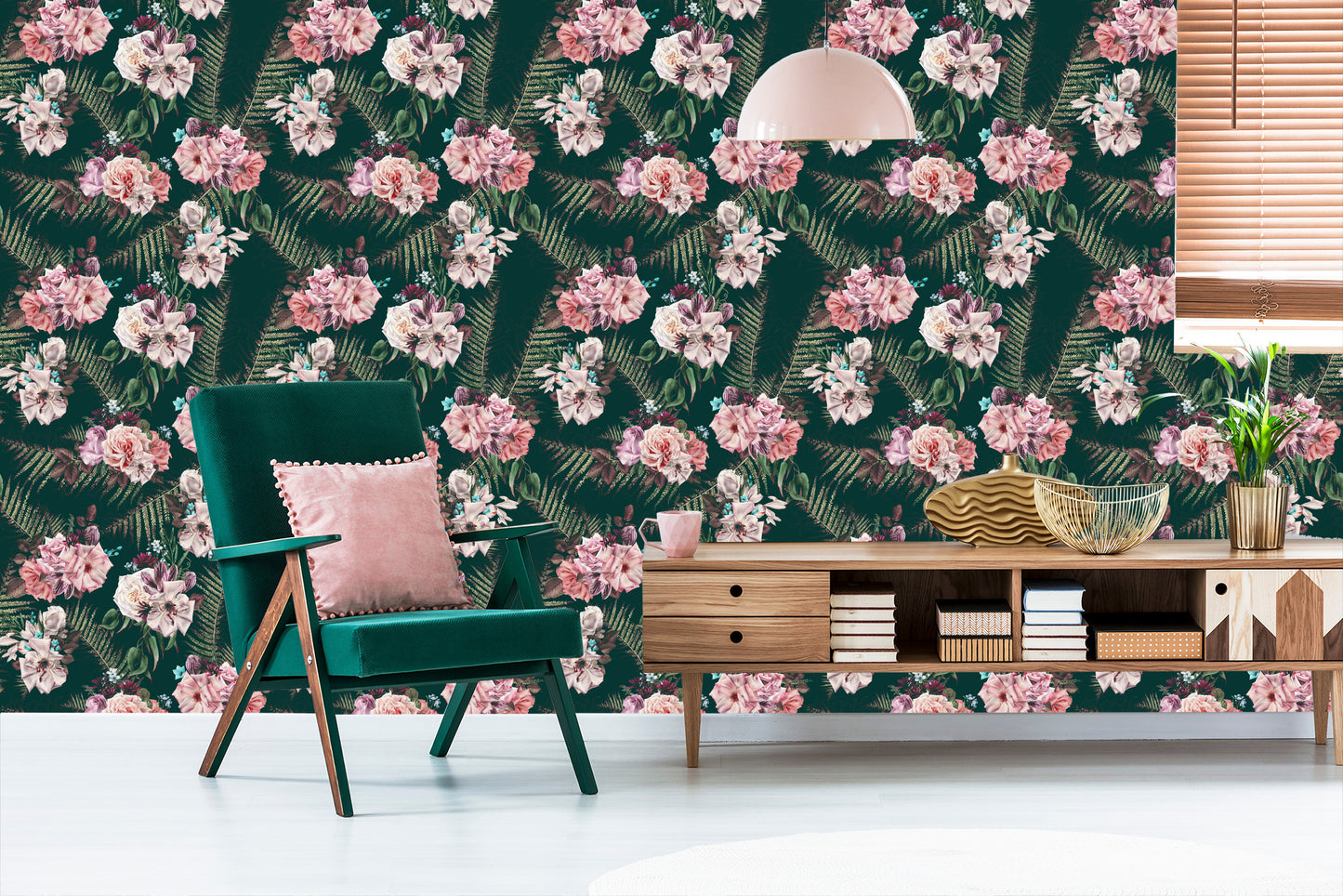 Wallpaper Fern Leaves Roses